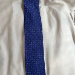 Drakes London Men's Purple Blue Geometric Silk-Effect Tie - Refined Pattern